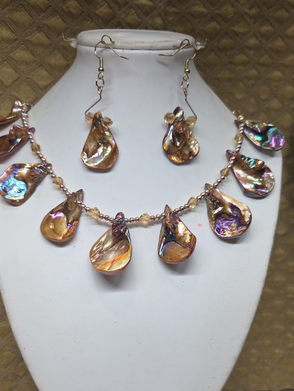 Iridescent Golden Pearl Shell Drop Necklace & Earrings Set - Women Jewelry